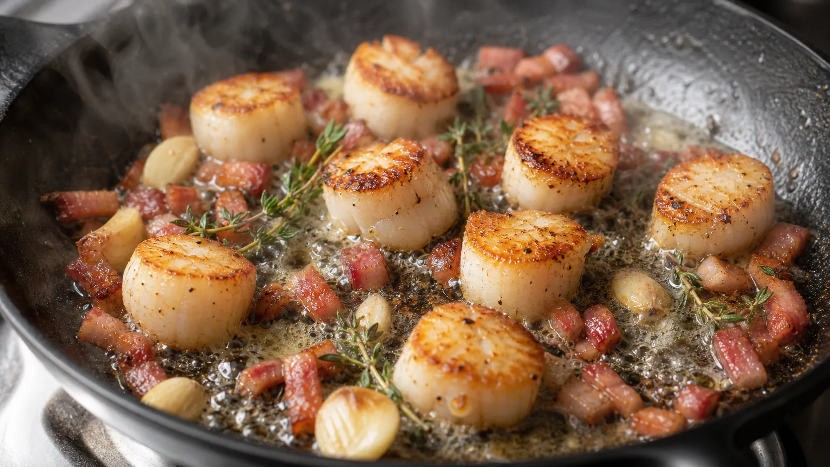 Scallops being seared in a pan with butter, bacon, garlic and thyme