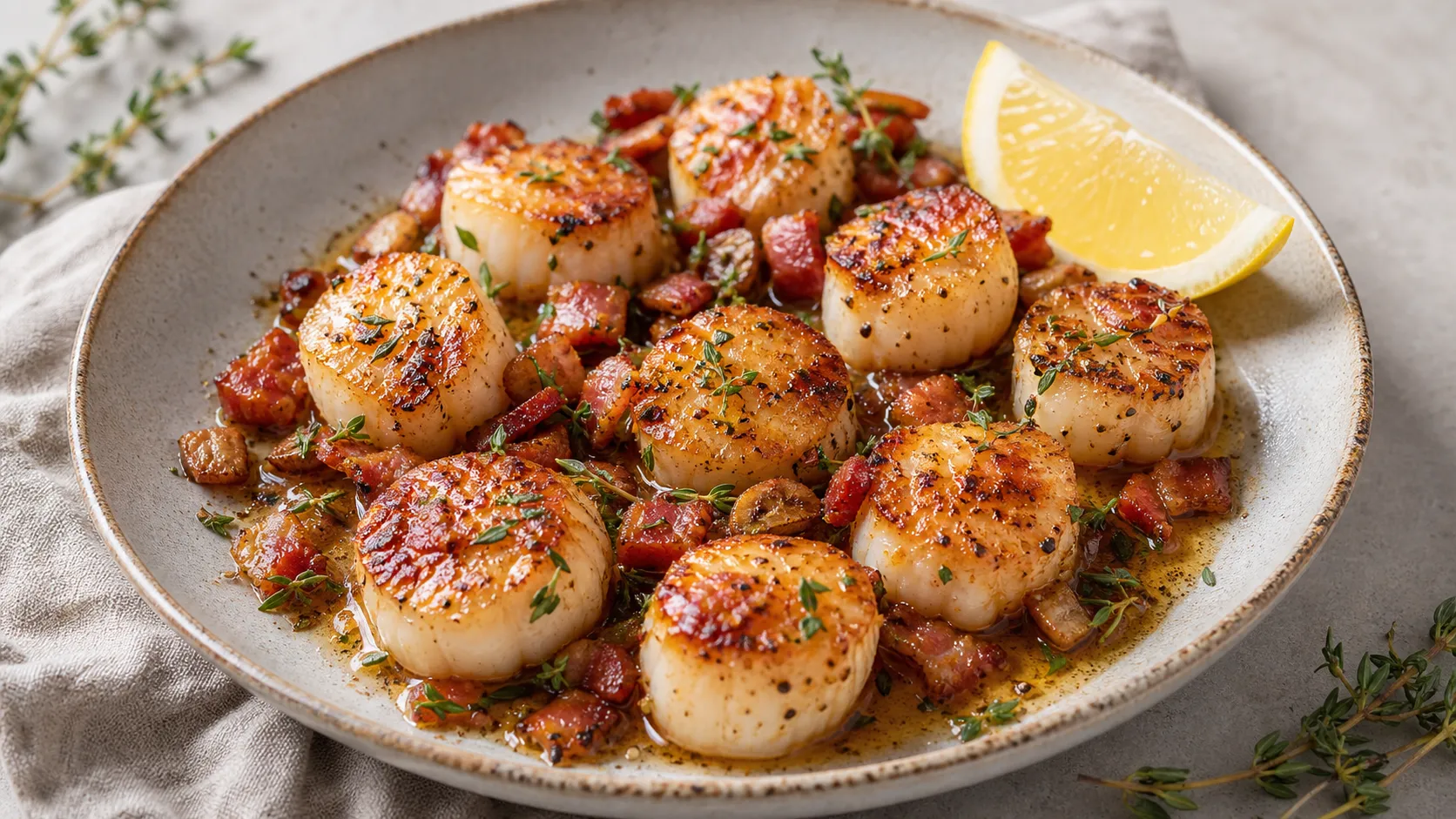 Keto scallops with crispy bacon, brown butter, garlic and thyme