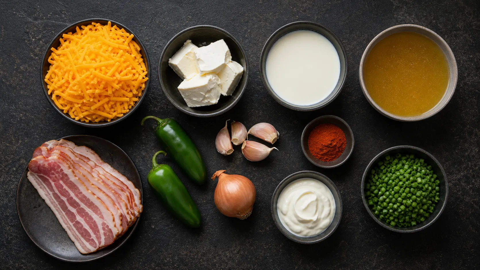 Flatlay of ingredients for keto jalapeno cheese soup with cheddar, cream cheese, cream, bacon, and jalapenos