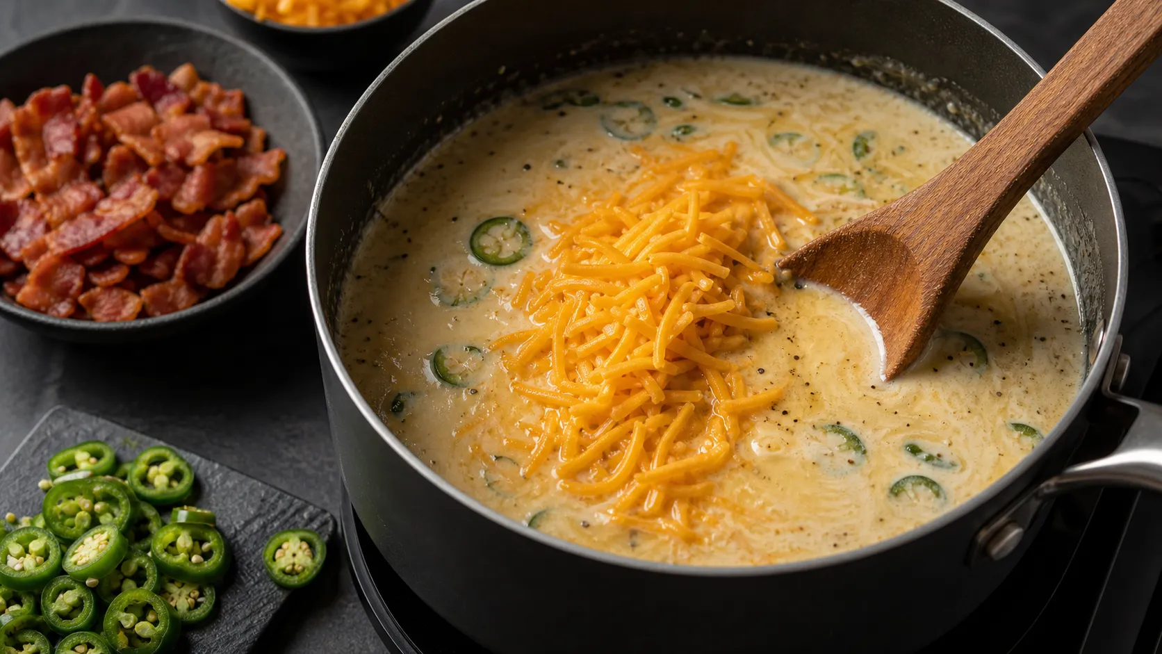 Cheddar being stirred into a hot cream and broth base for keto jalapeno cheese soup