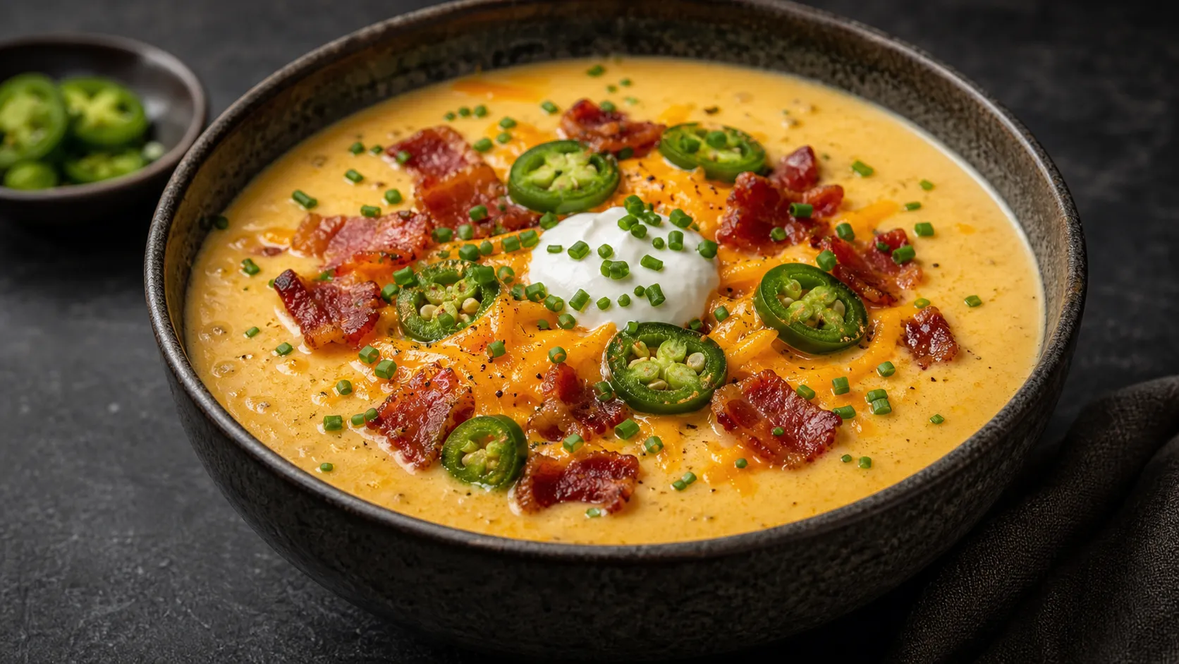 Finished keto jalapeno cheese soup with cheddar, bacon, sour cream, and chives
