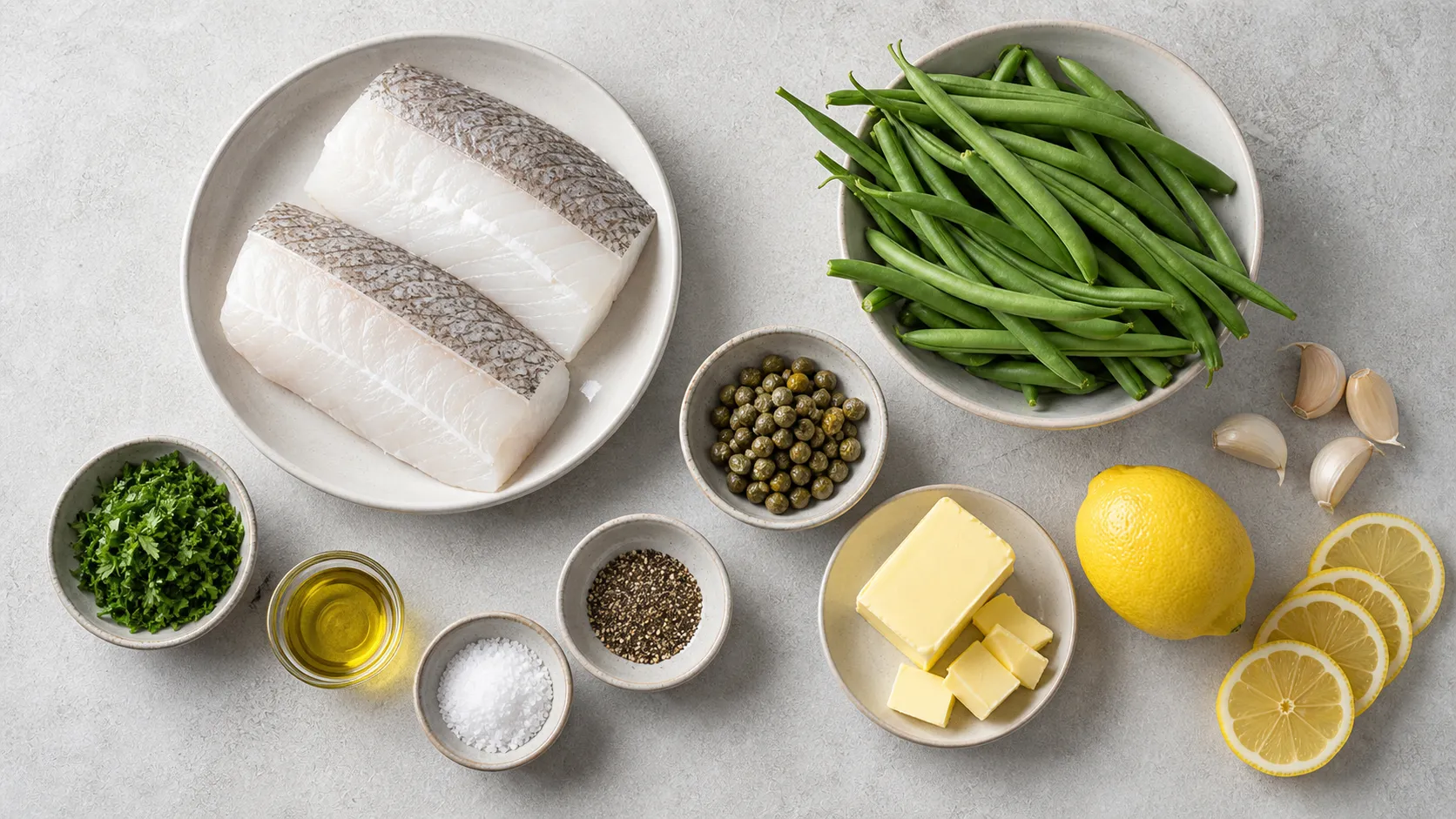 Ingredients for Keto Cod Filet in Lemon Caper Butter with Green Beans: 52 g Protein: 350 g cod filet (2 pieces, skin-on), 200 g green beans, 40 g butter, 2 tbsp capers (drained), 1 lemon (juice + zest slices), 2 garlic cloves