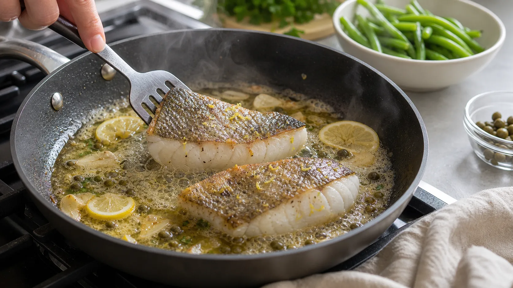 Preparation step for Keto Cod Filet in Lemon Caper Butter with Green Beans: 52 g Protein: Blanch green beans (200 g) in boiling salted water for 4 minutes. Chill in ice water and drain.