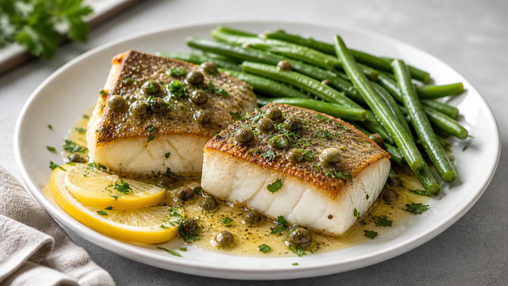 Keto cod filet in lemon caper butter with green beans served on a white plate