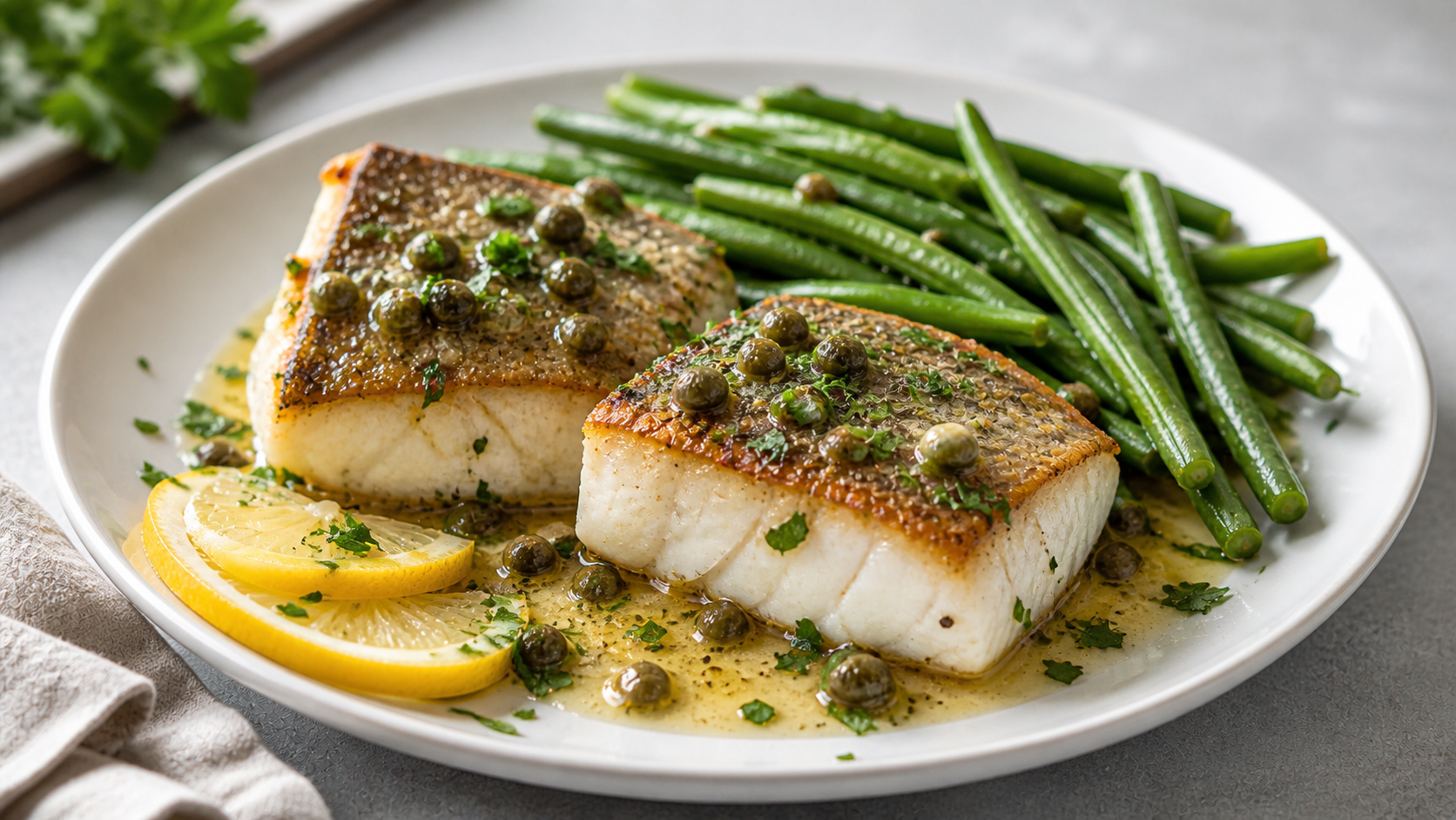 Keto cod filet in lemon caper butter with green beans served on a white plate