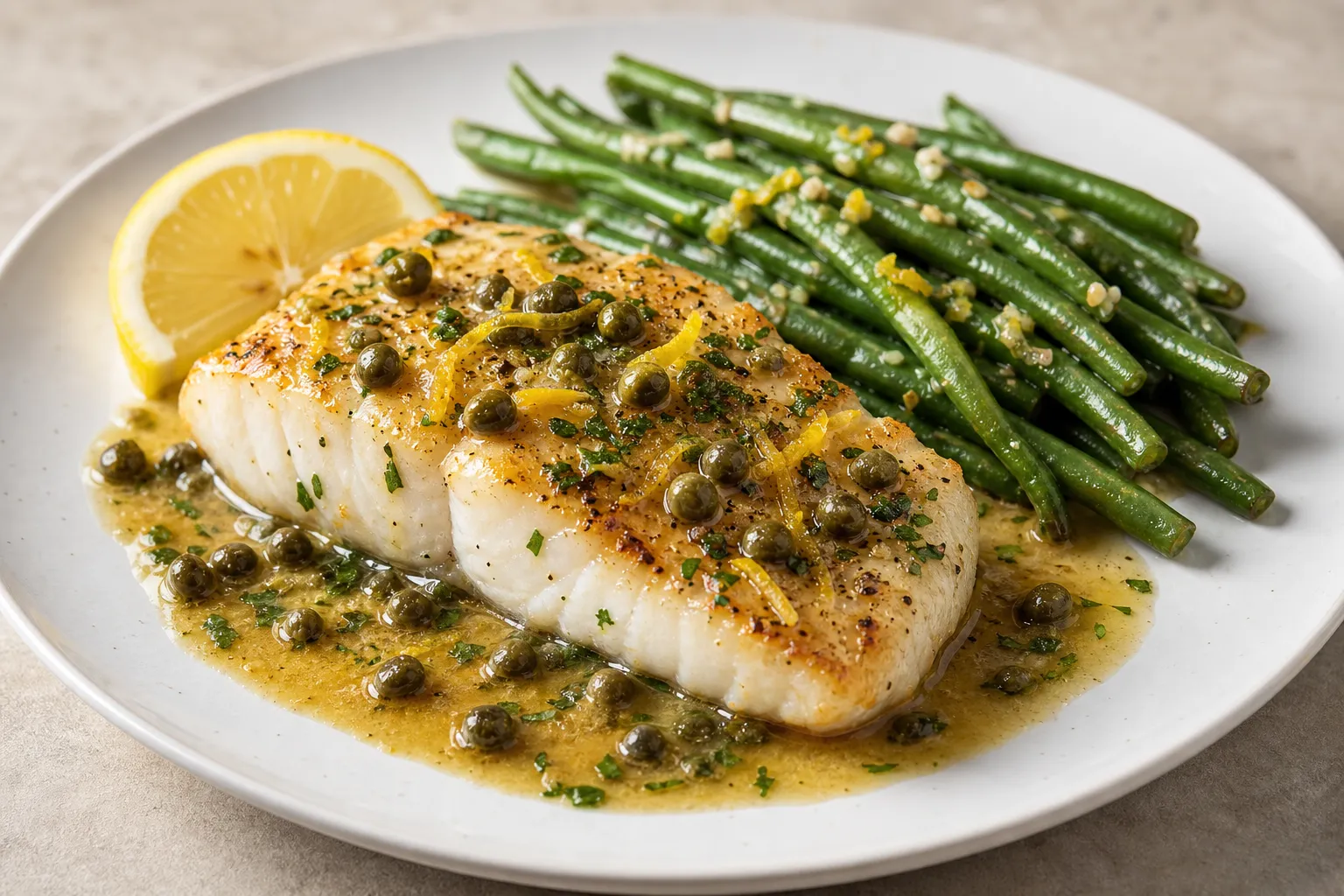 Keto cod filet in lemon caper butter with green beans served on a white plate