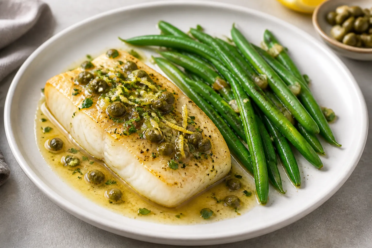 Keto cod with caper butter sauce on the plate with green beans