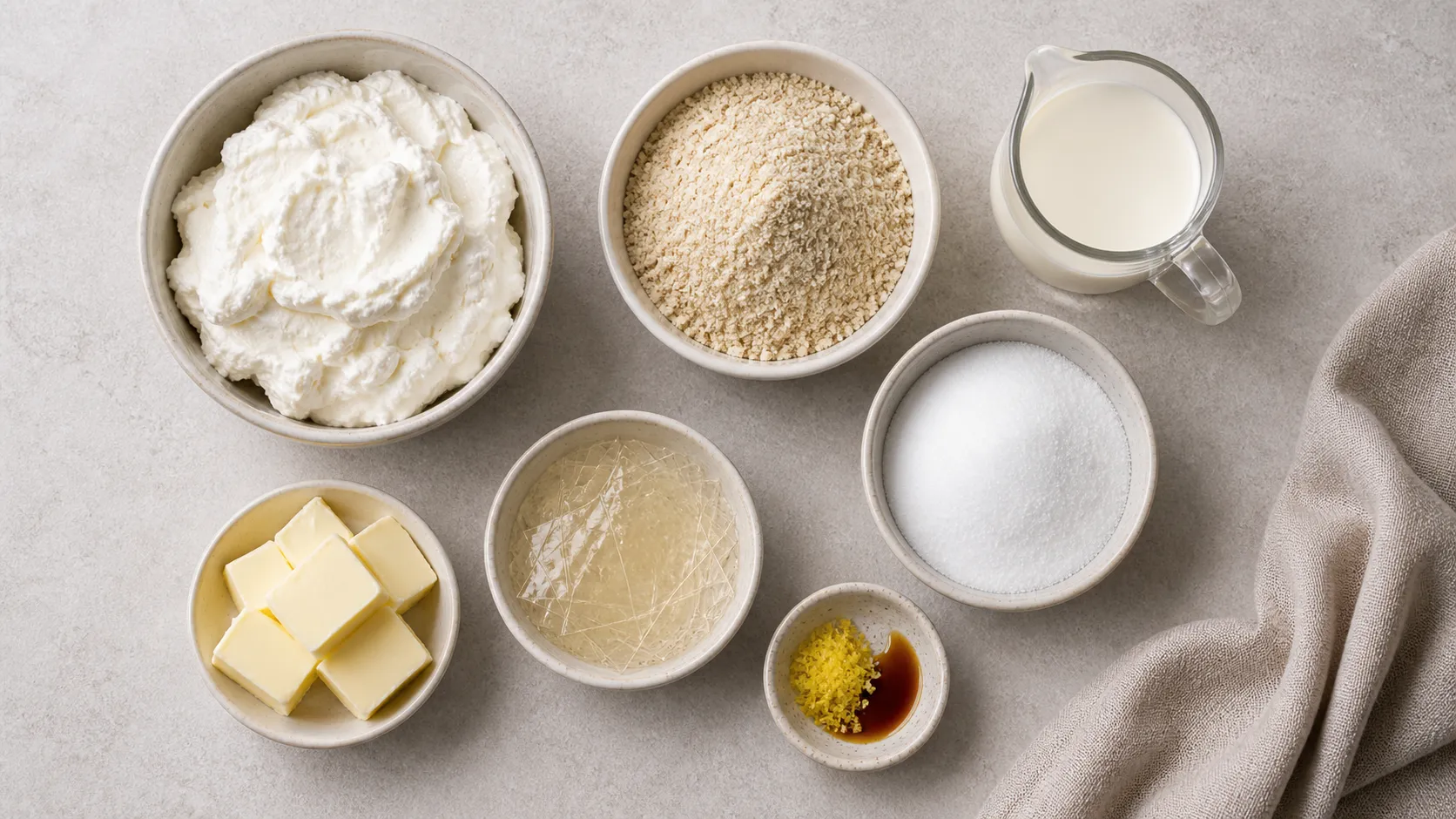 Ingredients for keto cream cheese cake: quark, cream, almond flour, gelatin, and erythritol