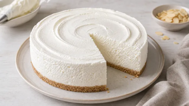 Keto cream cheese cake with a light, airy topping on an almond flour crust