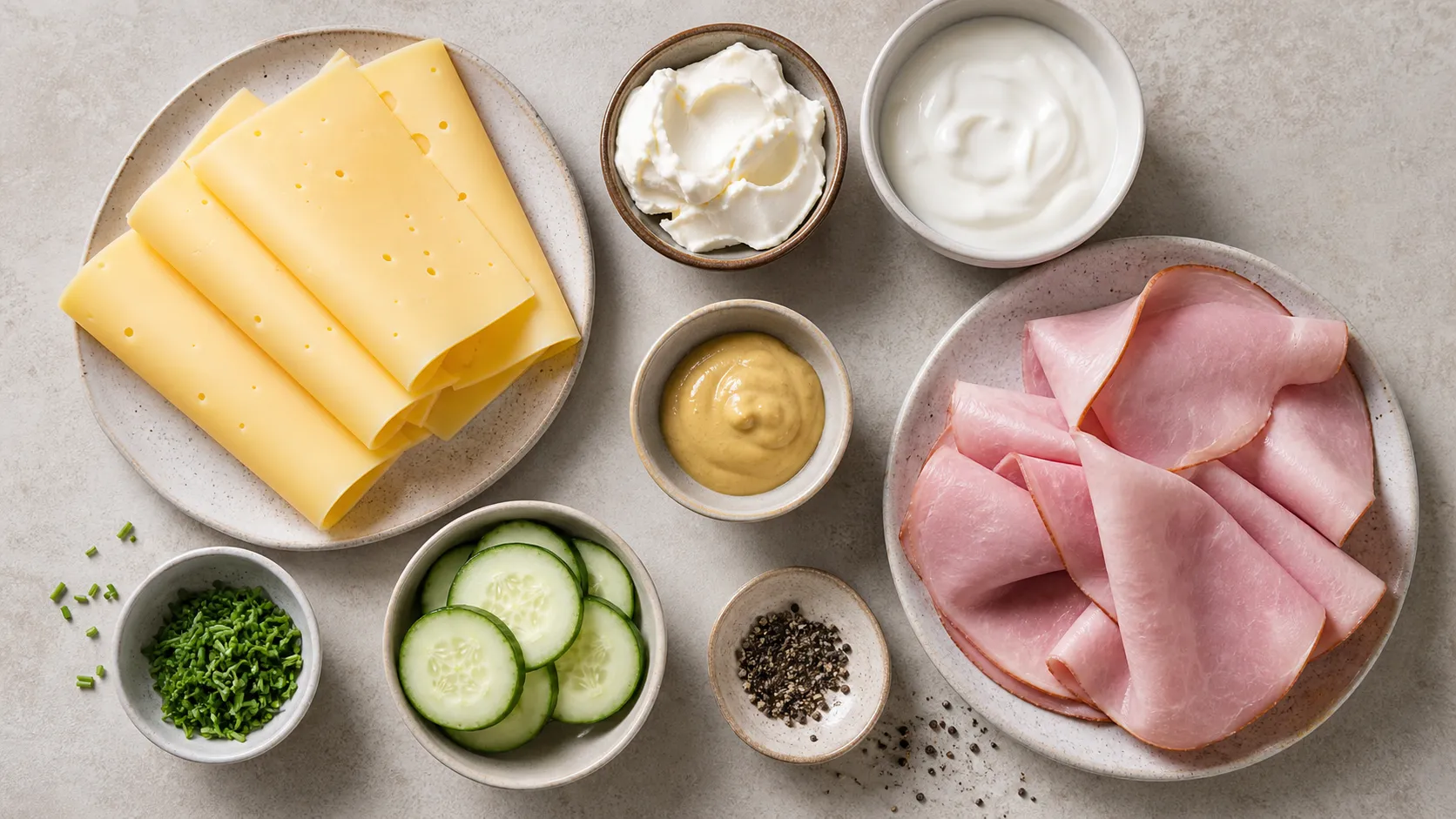 Ingredients for keto cheese and ham roll-ups with mustard dip: Gouda, cooked ham, cream cheese, sour cream, Dijon mustard and chives