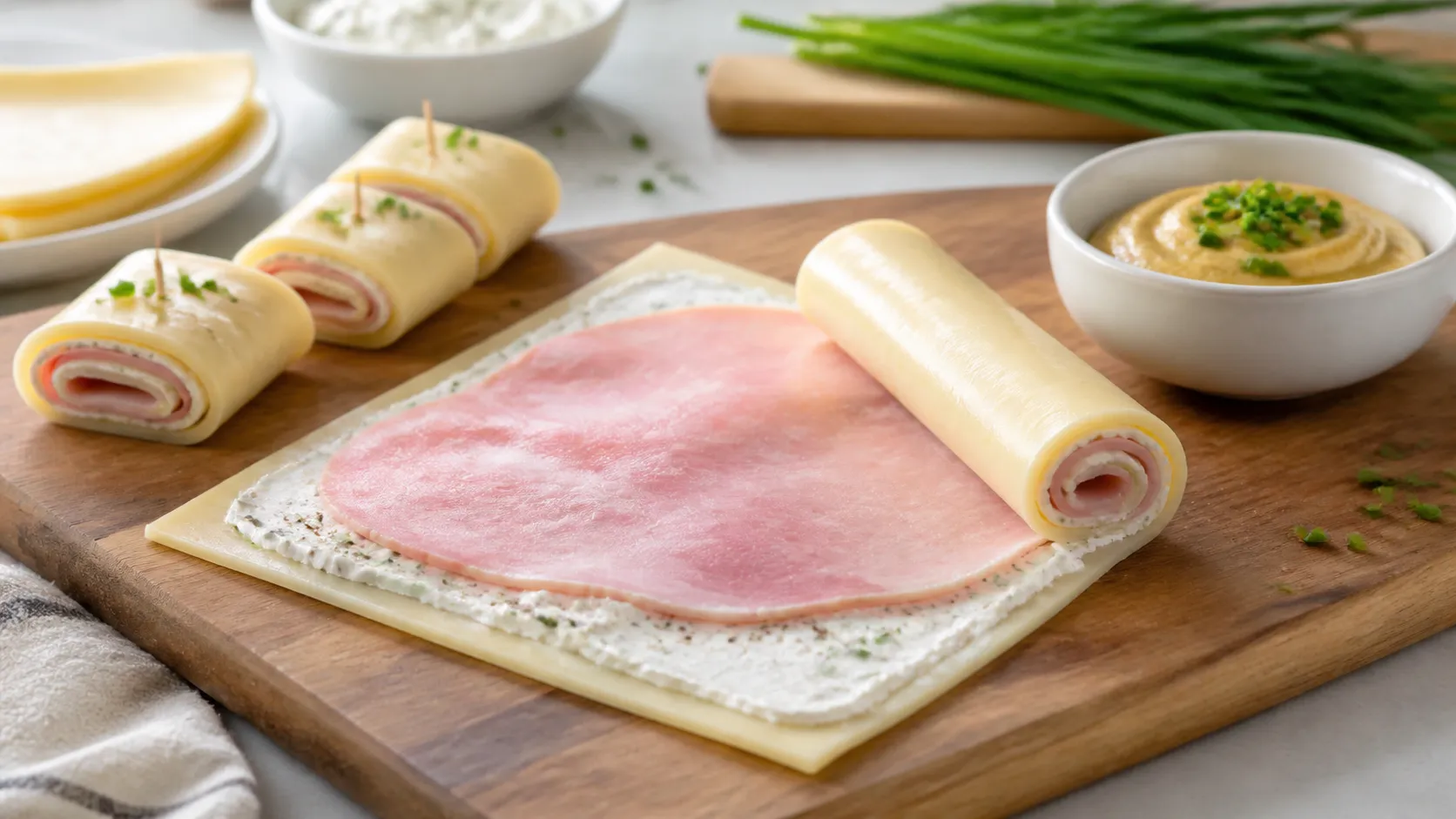 A slice of Gouda spread with cream cheese and topped with cooked ham being rolled into a keto cheese and ham roll-up