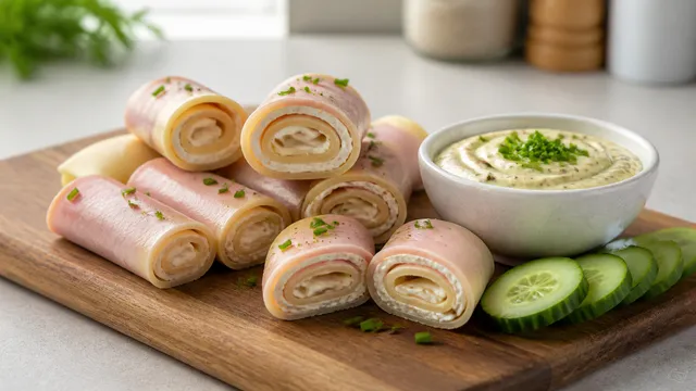 Keto cheese and ham roll-ups sliced on a wooden board next to a small bowl of mustard dip with chives