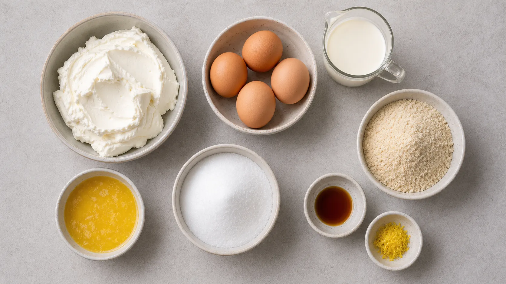 Ingredients for keto cheesecake: cream cheese, eggs, almond flour, erythritol and cream