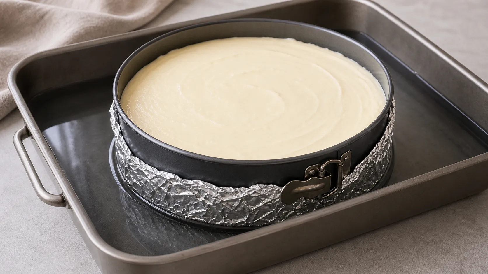 Springform pan with almond flour crust and creamy cream cheese batter before baking in a water bath
