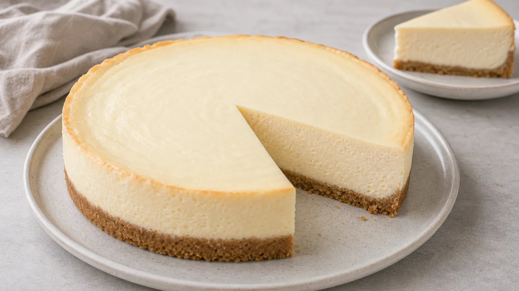 Keto New York style cheesecake with creamy filling and almond flour crust, sliced