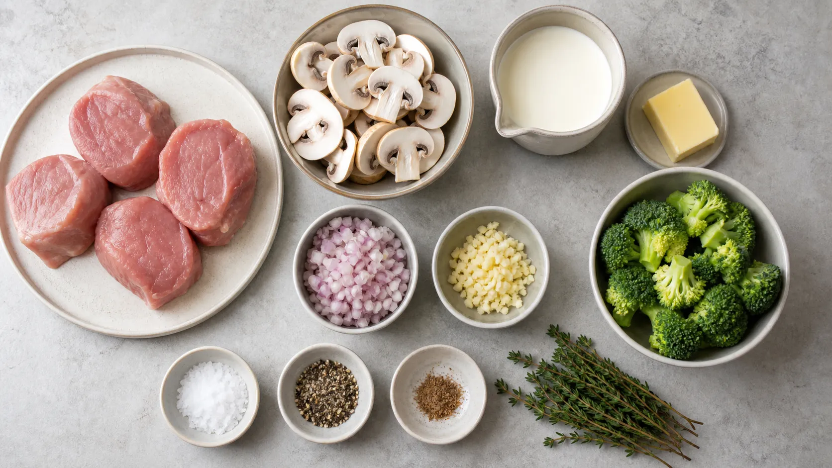 Ingredients for Keto Veal Medallions with Mushroom Cream Sauce: 52 g Protein in 30 Minutes: 180 g veal medallions (veal loin, boneless), 200 g white mushrooms (sliced), 80 ml cream (30 % fat), 20 g butter, 1 shallot (finely diced), 1 garlic clove (finely chopped)