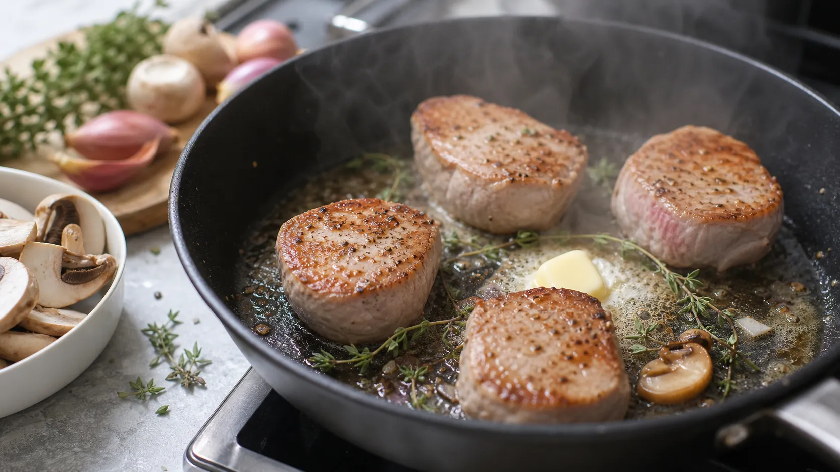Preparation step for Keto Veal Medallions with Mushroom Cream Sauce: 52 g Protein in 30 Minutes: Pat the veal medallions dry and season both sides with salt and pepper.