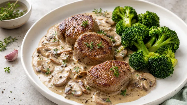 Keto veal medallions with creamy mushroom cream sauce and broccoli on a white plate