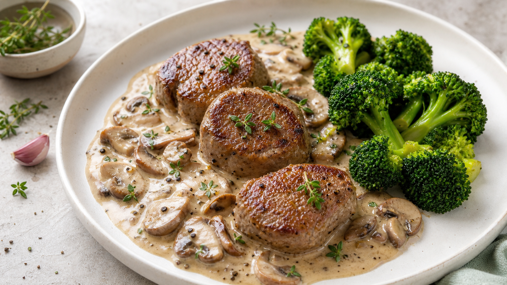 Keto veal medallions with creamy mushroom cream sauce and broccoli on a white plate