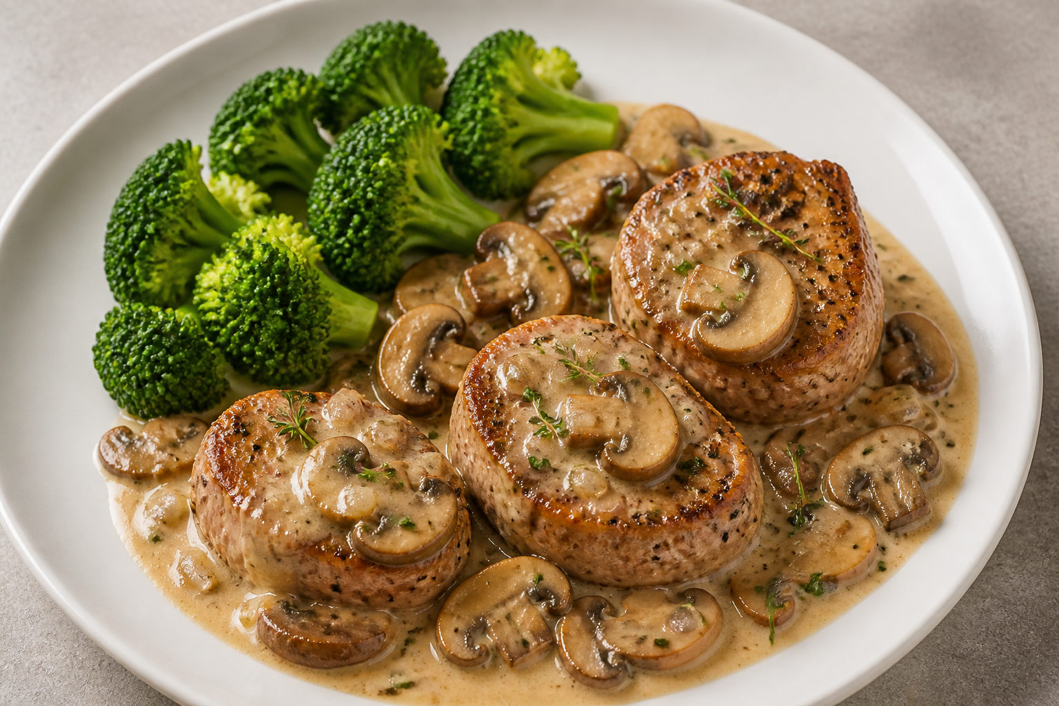Keto veal medallions with creamy mushroom cream sauce and broccoli on a white plate