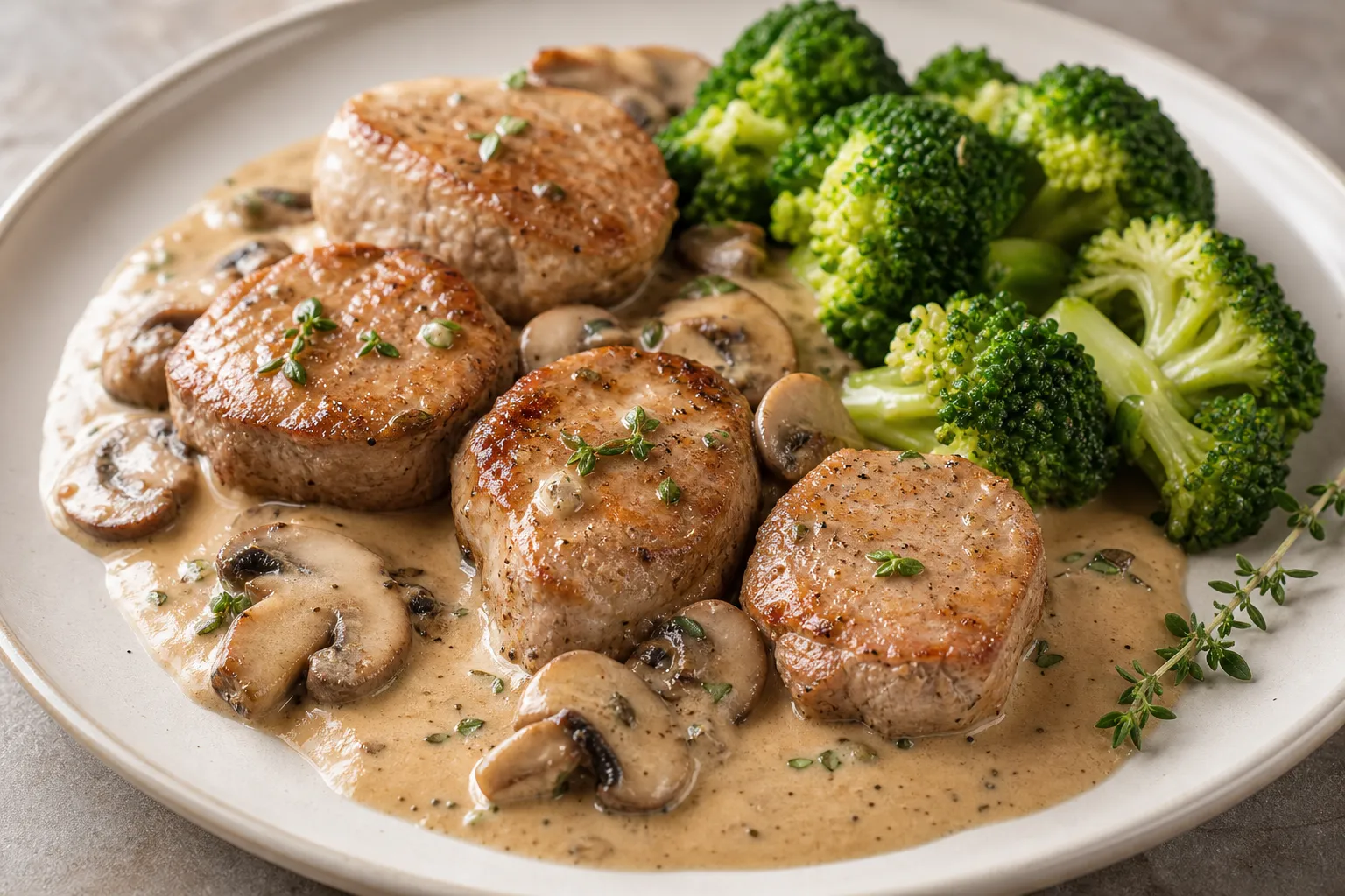 Plated veal medallions with mushroom cream and broccoli