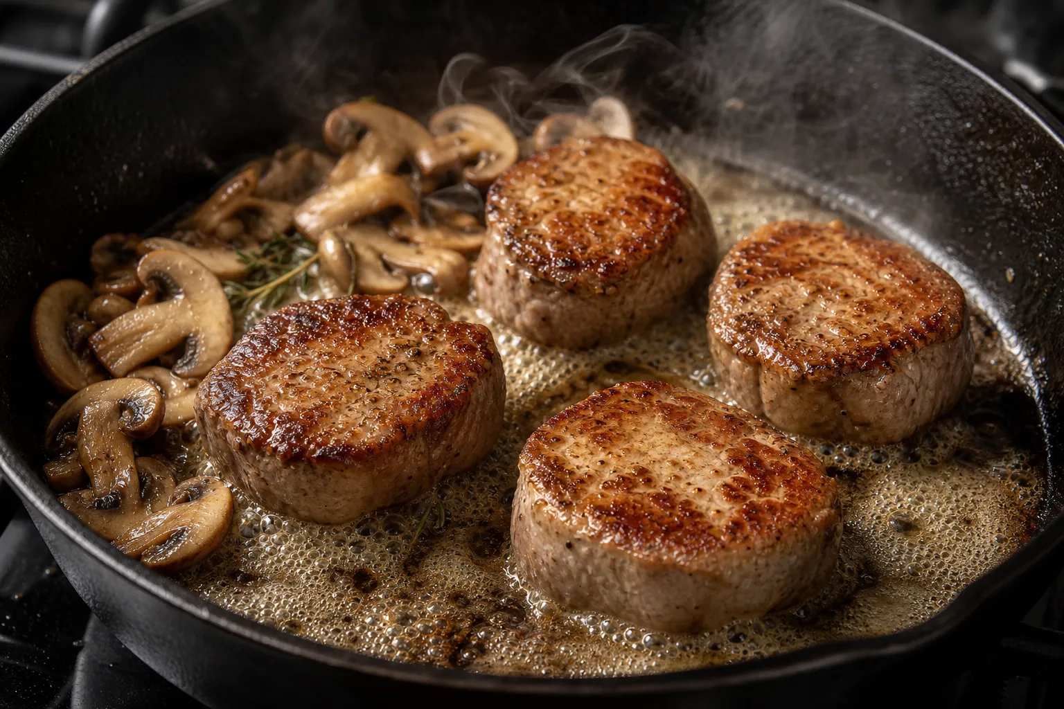 Veal medallions searing in butter in a cast iron pan