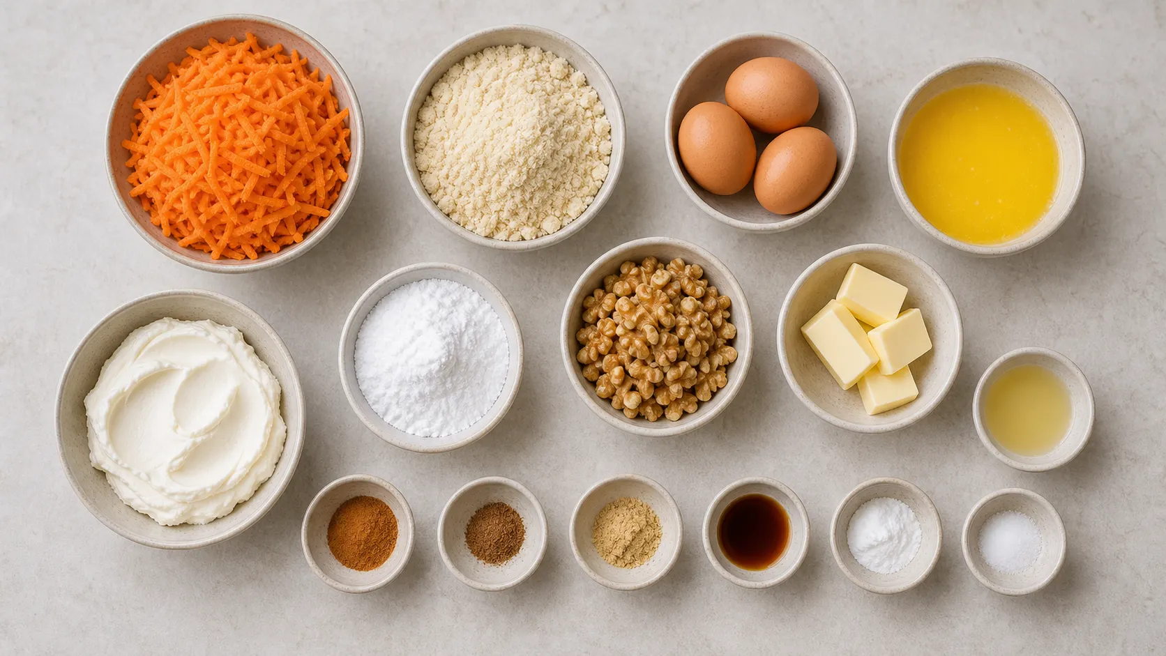 Ingredients for keto carrot cake with almond flour, carrots, walnuts and cream cheese