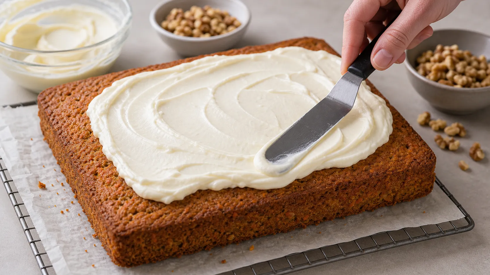 Cream cheese topping being spread onto a cooled keto carrot cake