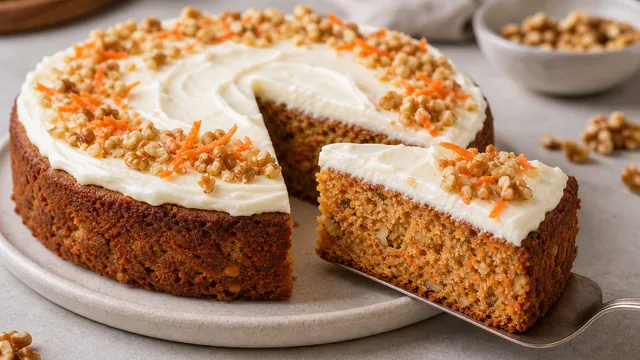 Keto carrot cake with cream cheese topping and walnuts, sliced