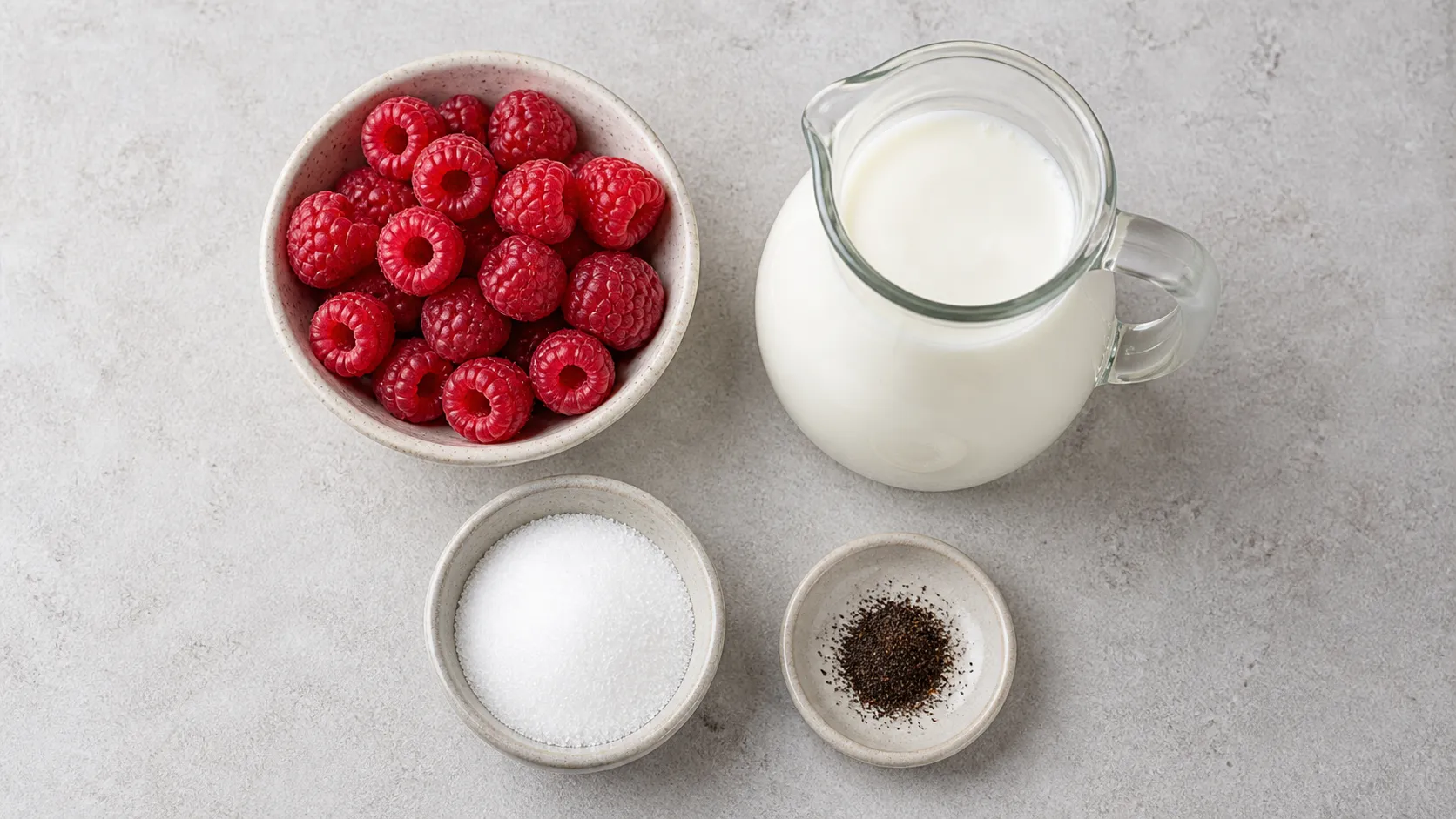 Flatlay of ingredients for keto kefir drink with milk kefir, raspberries, vanilla, and erythritol