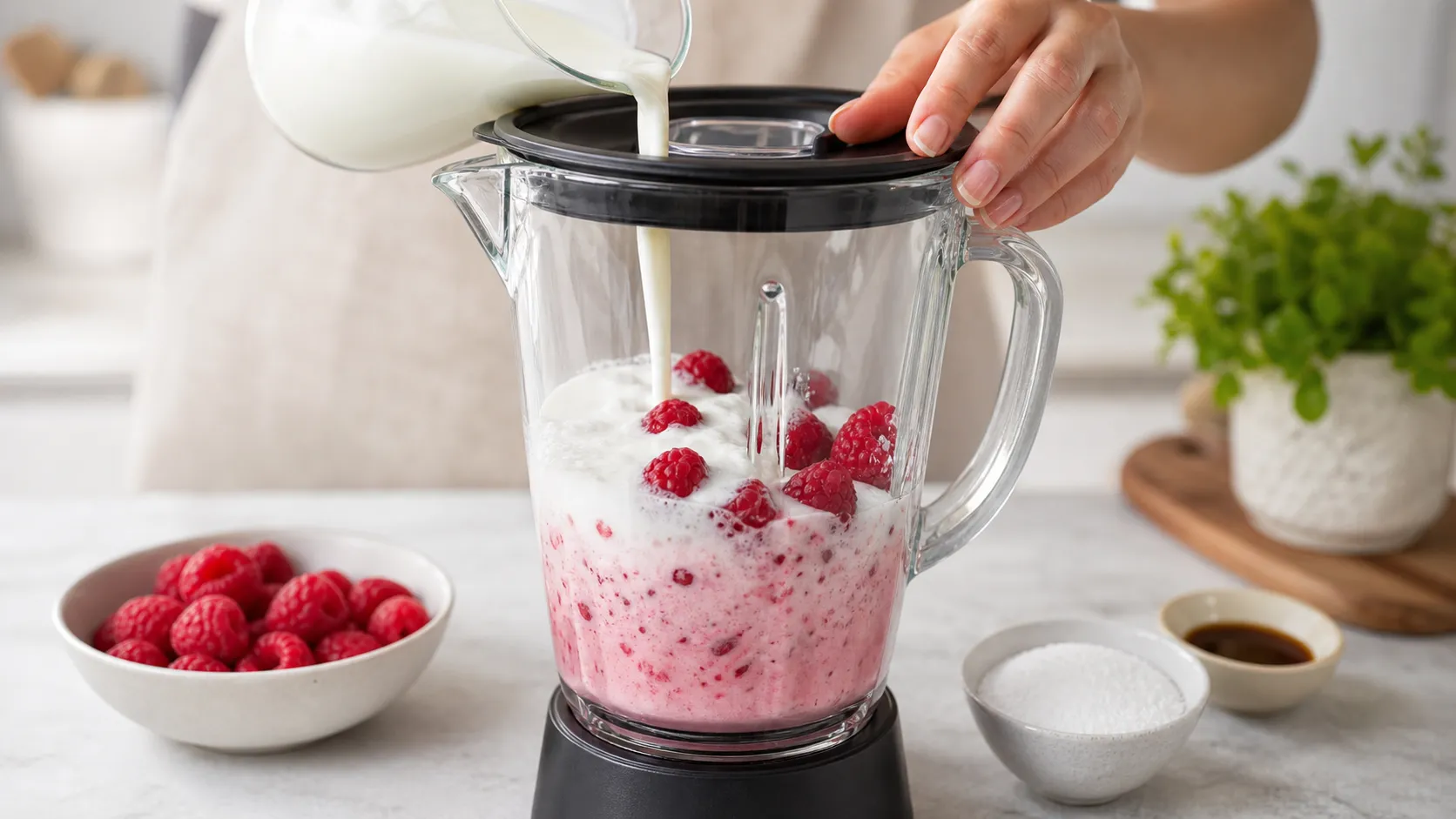 Kefir, raspberries, vanilla, and erythritol blended in a mixer for a keto drink