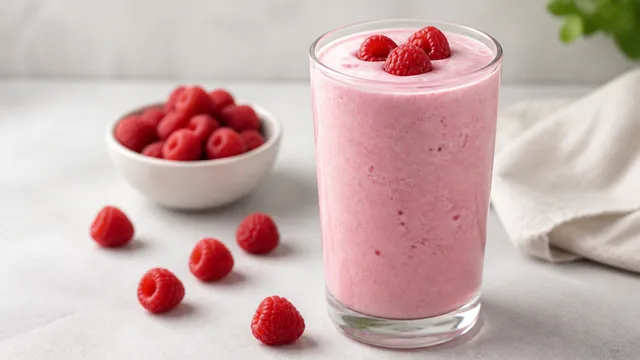 Keto kefir drink with raspberries and vanilla in a tall glass