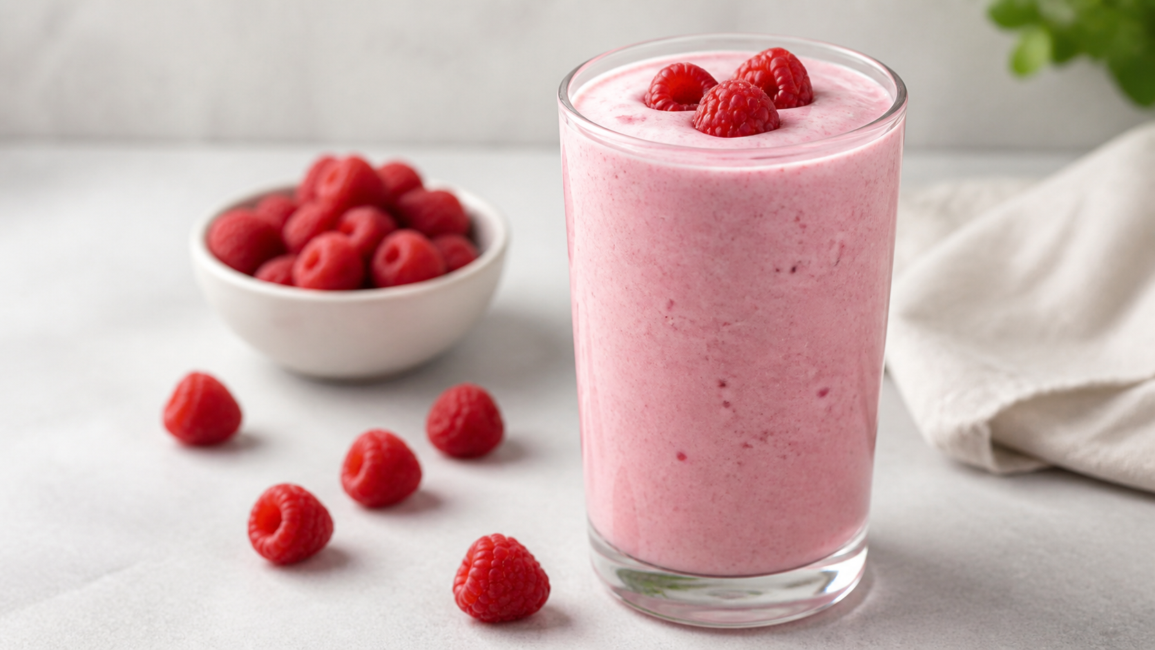 Keto kefir drink with raspberries and vanilla in a tall glass