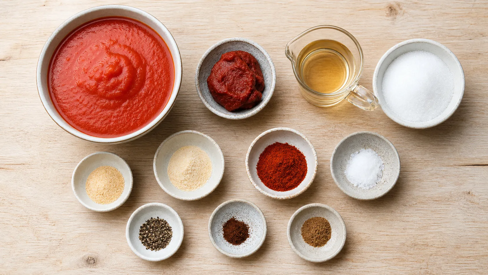 Ingredients for keto ketchup: strained tomatoes, tomato paste, cider vinegar, erythritol and seasonings