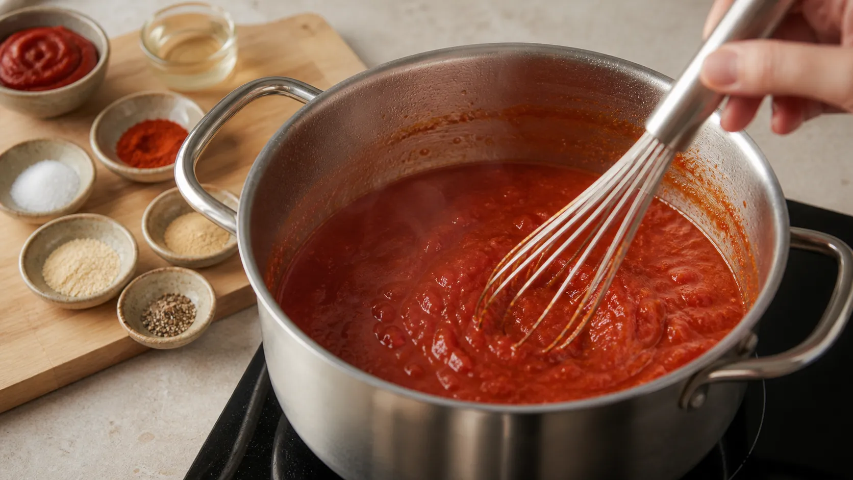 Ketchup reducing in a pot and being stirred with a whisk
