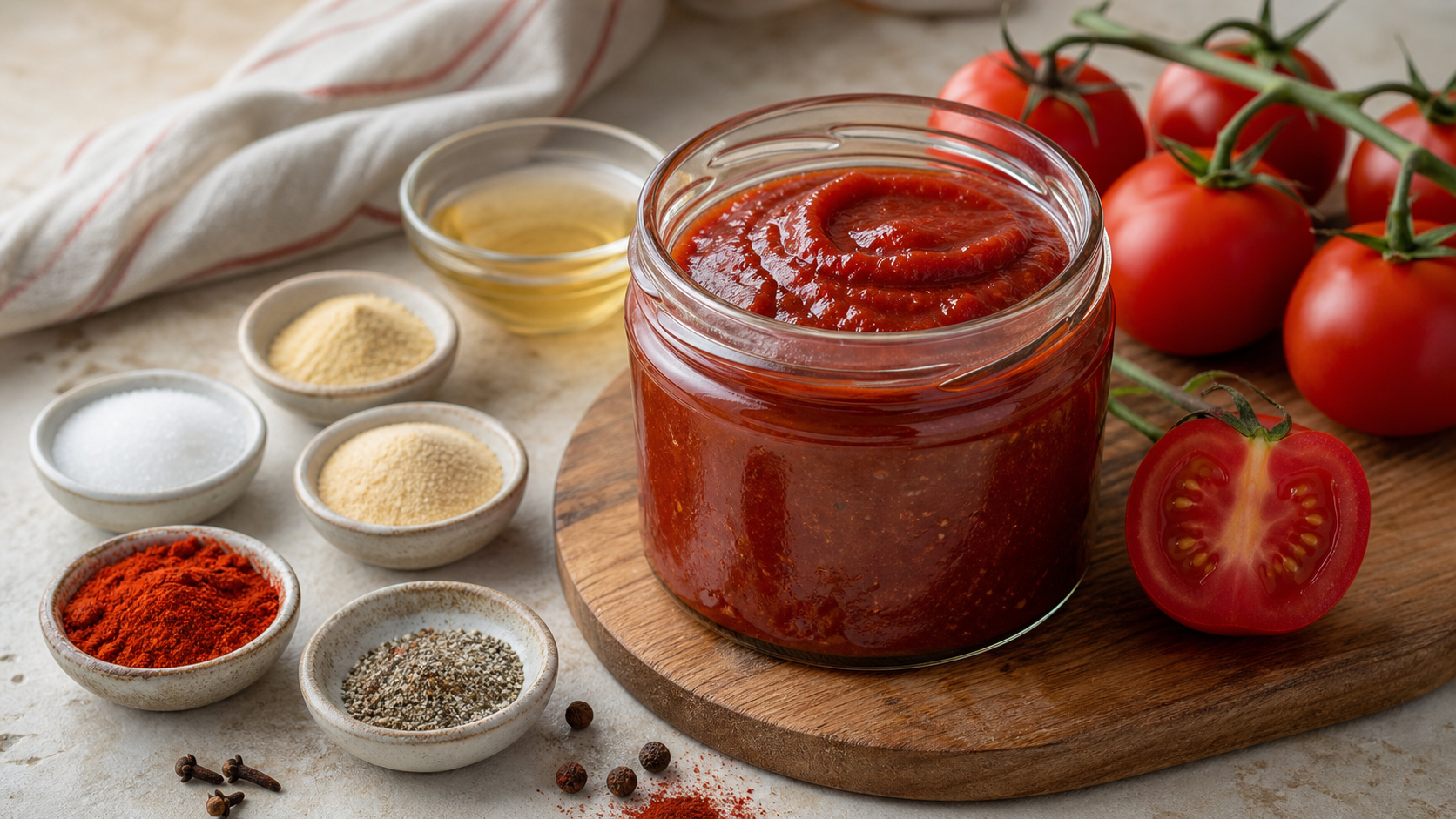 Homemade keto ketchup without sugar in a jar next to fresh tomatoes