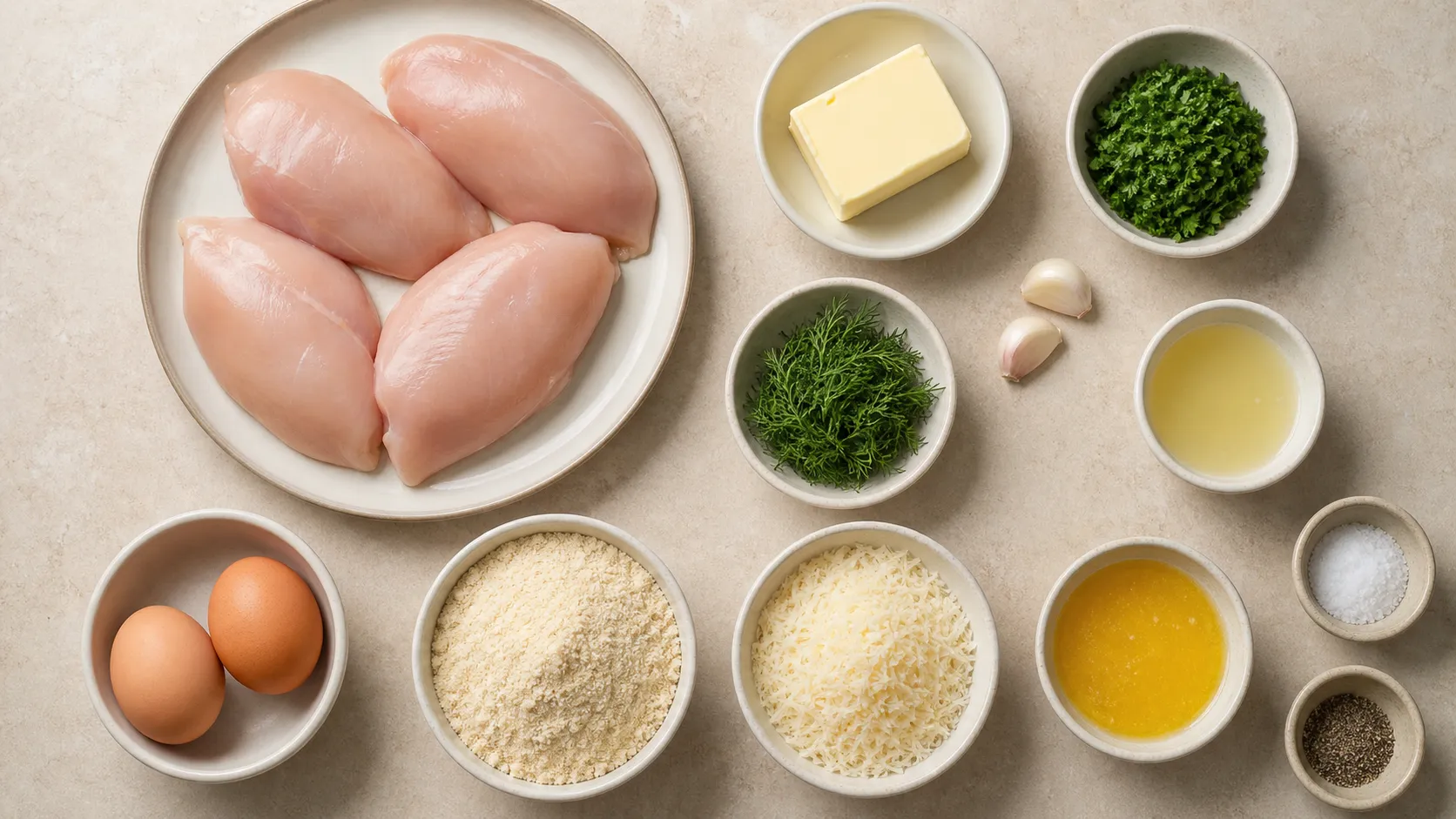 Ingredients for keto chicken Kiev: chicken breast fillets, butter, parsley, dill, garlic, eggs, almond flour and parmesan