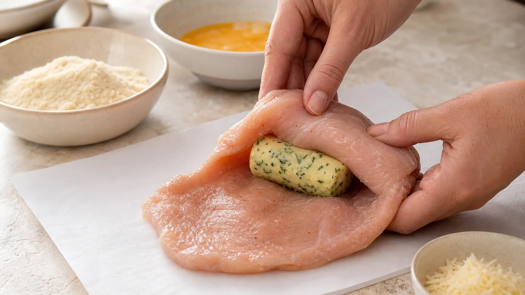 A pounded chicken breast fillet being wrapped around a roll of frozen herb butter