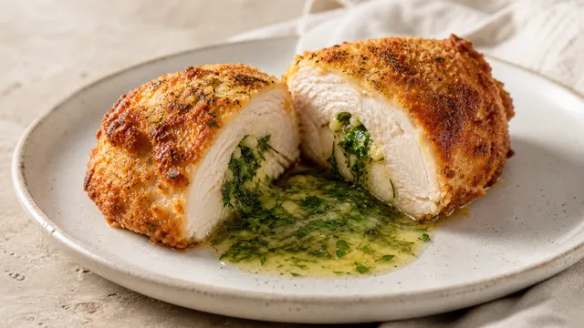 A sliced keto chicken Kiev with herb butter running out and a golden brown almond coating