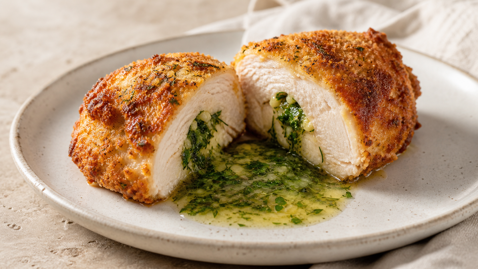 A sliced keto chicken Kiev with herb butter running out and a golden brown almond coating