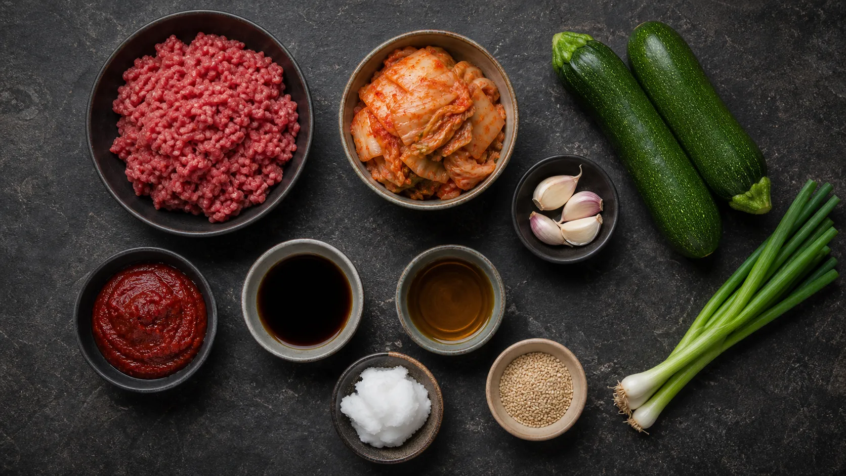 Flatlay of ingredients for keto kimchi beef skillet with ground beef, kimchi, zucchini and sesame oil