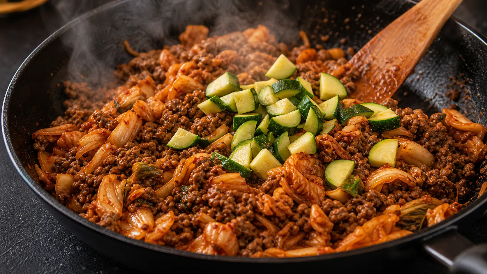 Kimchi is seared with ground beef and zucchini in a skillet over high heat