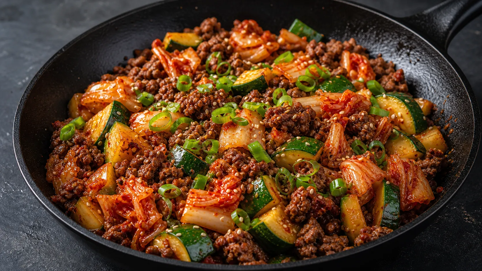 Finished keto kimchi beef skillet with zucchini, spring onions and sesame seeds