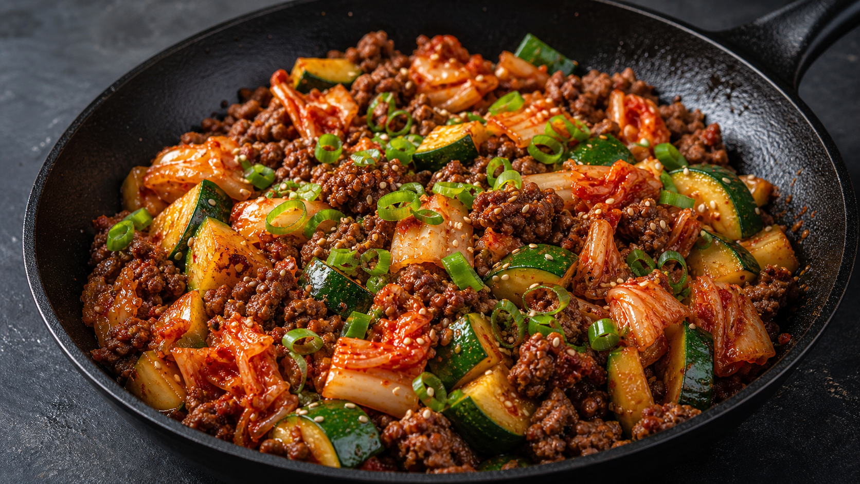 Finished keto kimchi beef skillet with zucchini, spring onions and sesame seeds