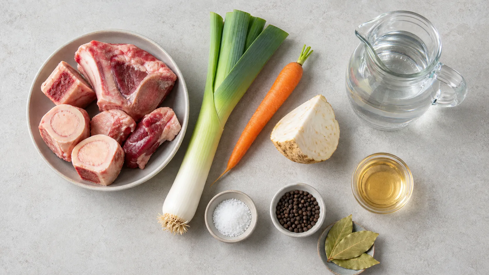 Flatlay of ingredients for keto bone broth with beef bones, leek, carrot, celery, bay leaf, peppercorns, salt and apple cider vinegar