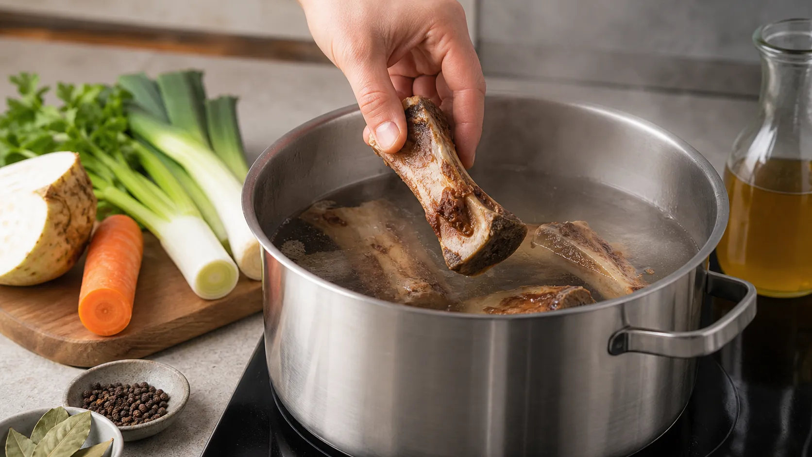 Roasted beef bones simmering with water and apple cider vinegar for keto bone broth