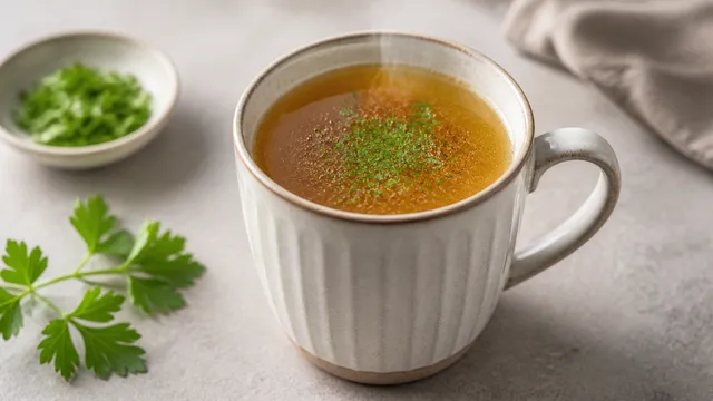 Steaming keto bone broth with parsley and pepper served in a cup