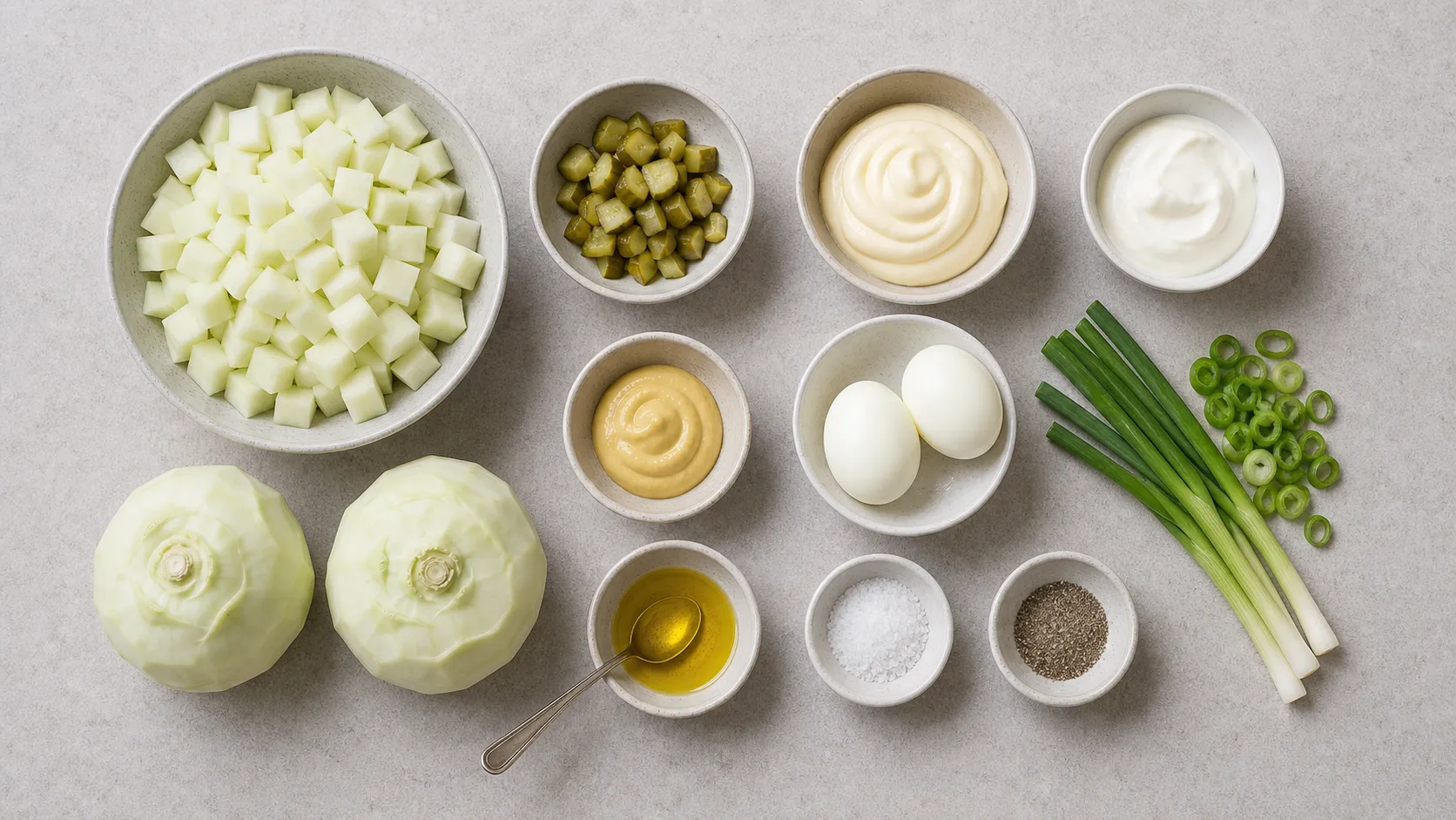 Ingredients for keto kohlrabi potato salad: kohlrabi, eggs, pickles, scallions, mayonnaise, sour cream, and mustard