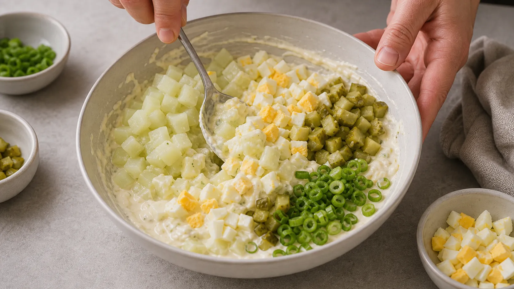Kohlrabi cubes, egg, pickles, and scallions tossed with creamy dressing