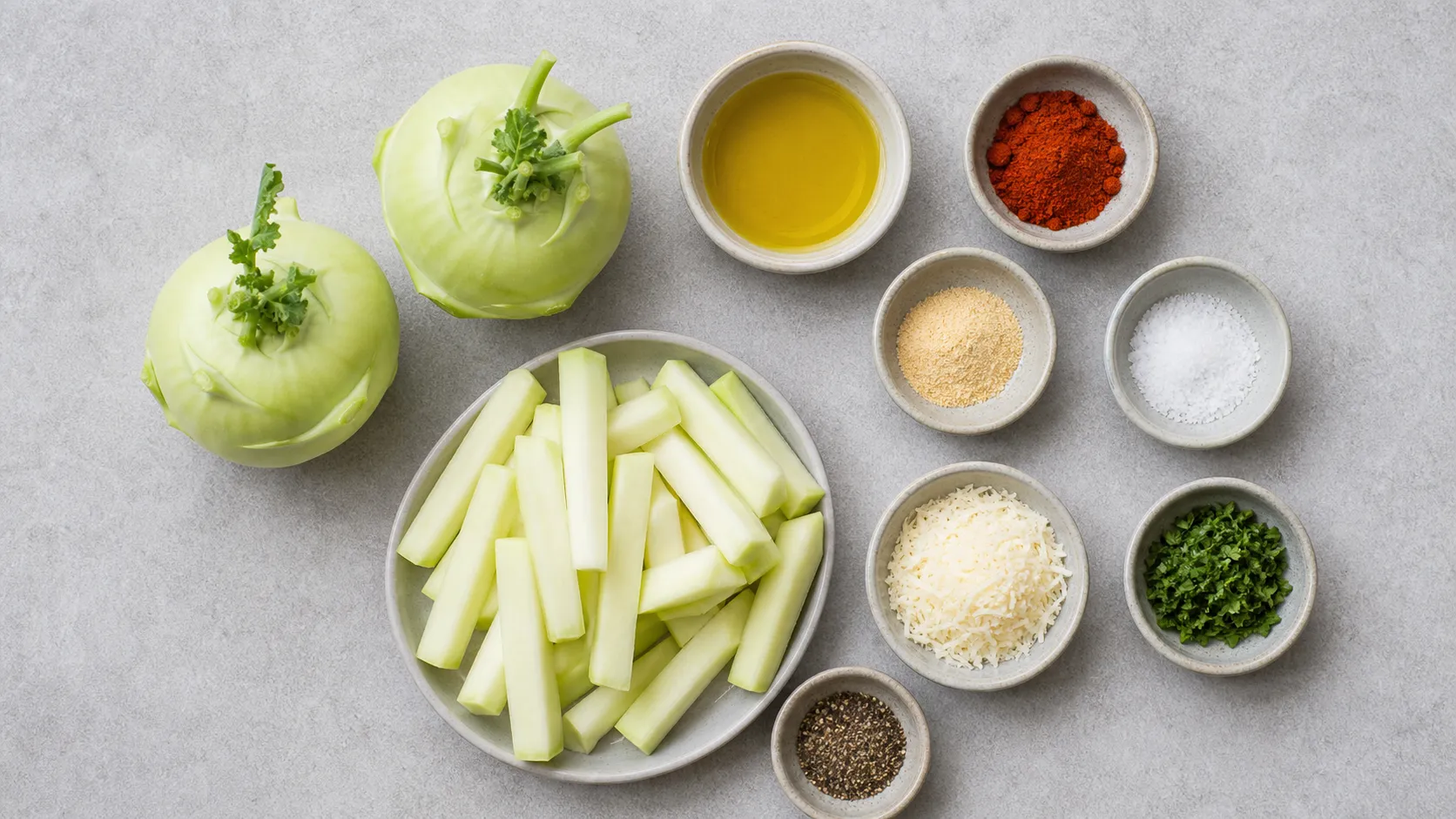 Ingredients for keto kohlrabi fries: kohlrabi, olive oil, paprika, garlic powder, Parmesan, salt and parsley